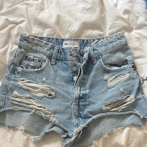 Zara Women's Ripped Jean Shorts - Light Blue size 2